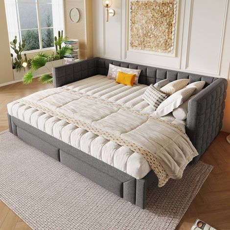 Lit gigogne 90x200 cm, canapé-lit à dossier carré, extensible en lit queen size 180 cm, 2 tiroirs, sans matelas, gris (1/5)
