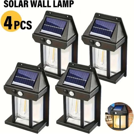 (4 unités) Appliques murales solaires avec détecteurs de mouvement, étanches IP44, adaptées aux cours et porches extérieurs. (1/5)