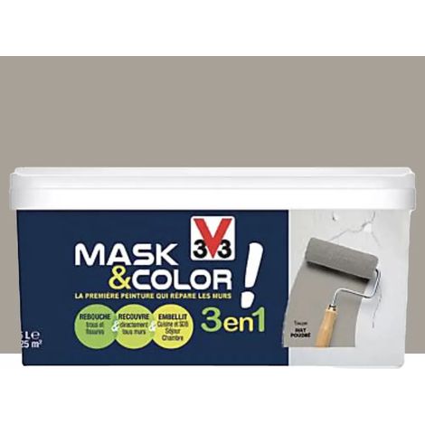 V33 – Peinture 3 en 1 Mask & Color taupe 2,5 L – Rénovation murs – Rebouche fissures < 3mm – Couverture directe sur murs abîmés (1/2)