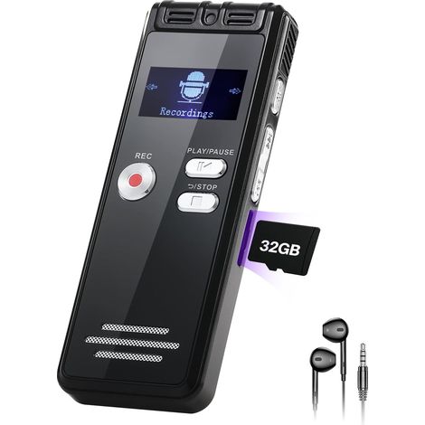 Enregistreur Vocal avec Lecture 32 Go – 1536 Kpbs – Appareil d'enregistrement Audio One Touch avec réduction du Bruit pour interviews/Classes/réunions (1/5)