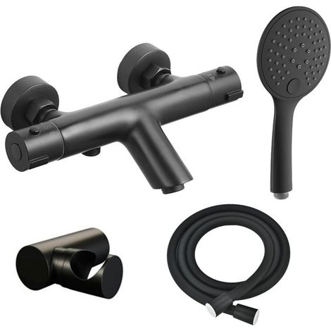FugaFlow Efficiente Sobrado Robinet de douche/bain thermostatique avec douchette 3jets et support avec flexible Noir mat (1/4)