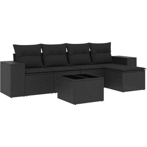 Ensemble de Meubles de Jardin en Rotin 6 Pièces avec Coussins Noirs (1/5)