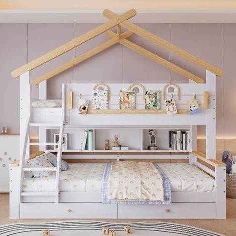 Etagenbett Kinderbett mit Schubladen und Treppe, Hausbett mit Dach und Regal, Familienbett aus Kiefer Holz, Weiß Natur, 90x200 & 120x200 cm (1/5)