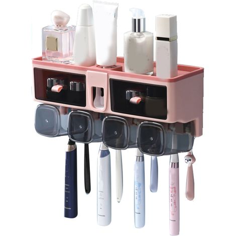 Porte-brosse à dents mural sans perçage, support pour gobelet rince-bouche, rangement toilette rose 4 verres (1/5)