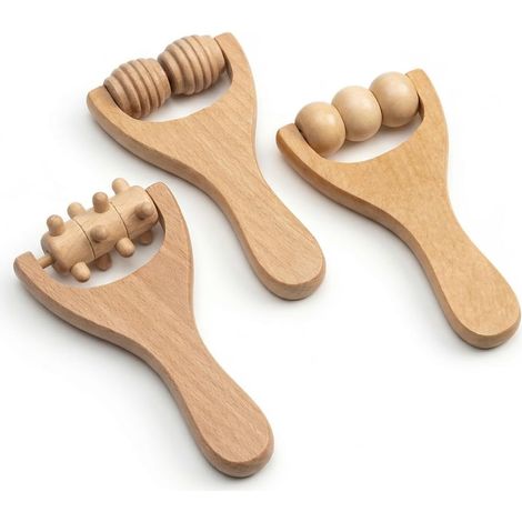 Rouleau De Massage - 3 Pièces - Bois Naturel - Thérapie Musculaire - Dos Jambes Mains - 15x8 Cm (1/5)