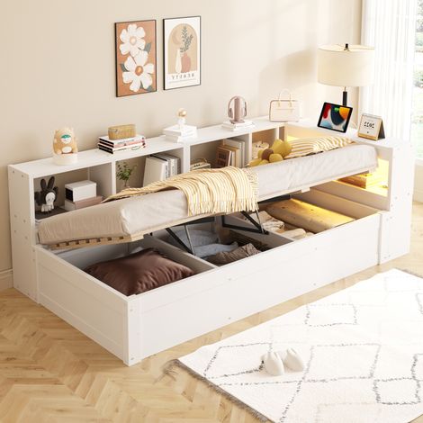 Letto singolo multifunzione 90x200 cm moderno, legno di pino/MDF bianco, testiera con LED, presa integrata e vano idraulico (1/5)