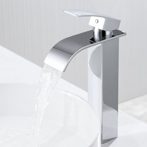 Hochdruck Wasserhahn Bad Armatur Wasserfall Hoher Ausguss, Mischbatterie Badarmatur Einhebelmischer Waschtischbatterie für Badezimmer Waschtisch, Chrom (1/5)