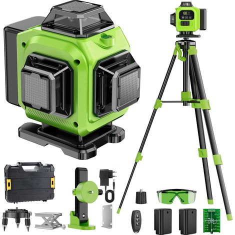 Niveau Laser Chantier Autonivelant 360° x 4,Lazer Niveaux 4D 16 Lignes Laser, Autonivellement et Mode Pulsé Extérieur, 2 x Batterie, Nivellement Automatique, Support Rotatif,Télécommande, Trépied (1/5)