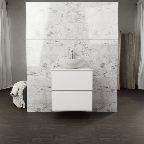 Inda - Badezimmerschrank B.60 mit Aufsatzwaschbecken / Mattweiß 2 Schubladen - Rubin