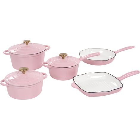 Batería de cocina de 8 piezas de hierro fundido apto para el horno compatible con todo tipo de placas cocina rosa pastel Feura (1/5)