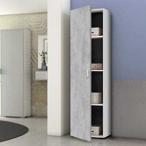 Dmora Mehrzweck-Kabinett Reno, Beistellschrank mit 1 Tür und 3 Einlegeböden, Moderne Garderobe, Hoher Säulenschrank, cm 41x37h182, Zement und Weiß (1/5)