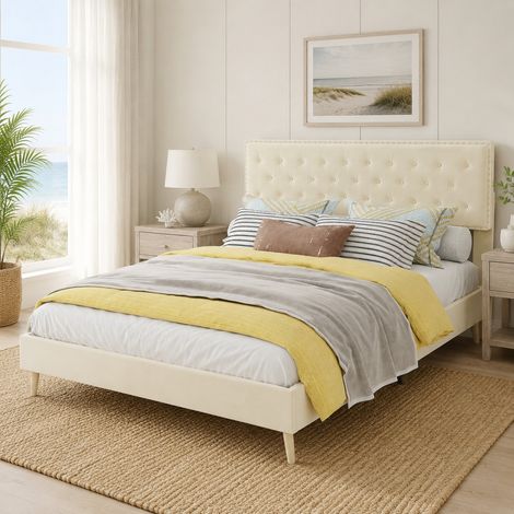 Cama 140x200 cm de tela y metal beige con cabecero capitoné DESVIAE (1/5)