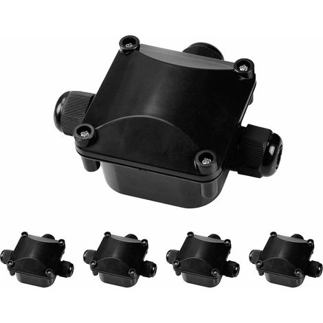 Scatola di giunzione impermeabile, raccordo a T in plastica con luce LED, nera, scatola impermeabile a tre teste, confezione da 5 (1/5)