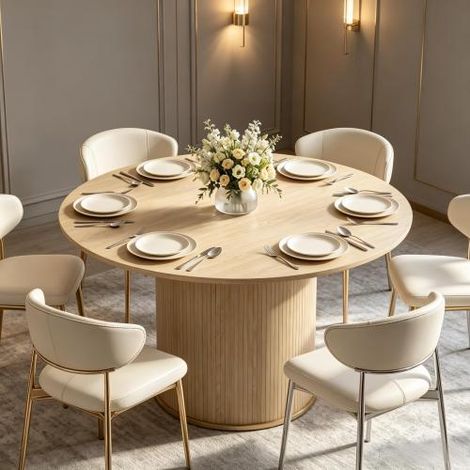 Table à manger ronde pour 4 à 6 personnes (diamètre 120 cm, hauteur 75 cm) dotée d'un pied cylindrique à cannelures verticales et d'une finition en bois naturel. (1/5)