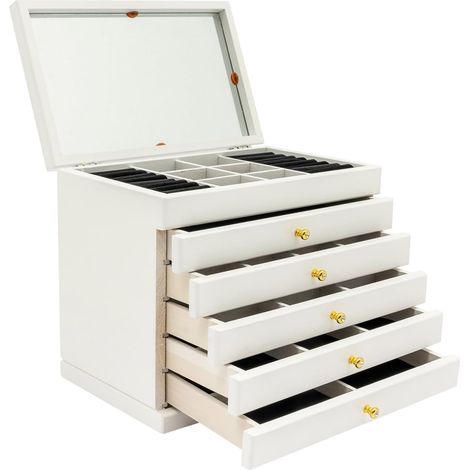 Schmuckbox Aus Holz Weiß Schmuckkasten, 6 Etagen Schmuckkoffer Mit Spiegel, 30x19x25cm, Vierblättrigen Kleeblattschnitzereien, Schmuck Organizers, Geschenk (1/5)