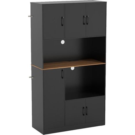 Buffet de cuisine noir en bois avec prise intégrée, rangement spacieux et support micro-ondes pour cuisine et salon