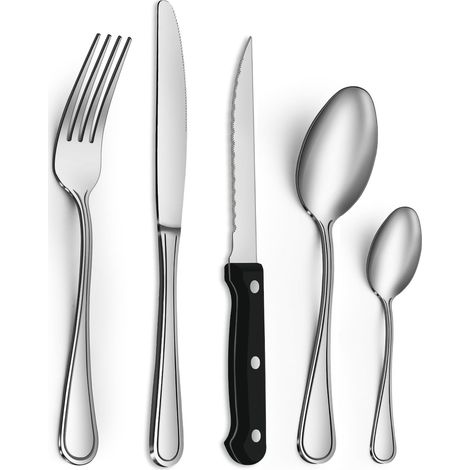 couverts de table avec couteau a steak, 30 pièces couverts pour 6 personnes, couvert en argent comprenant cuillère, couteau, fourchette, lave-vaisselle (1/5)