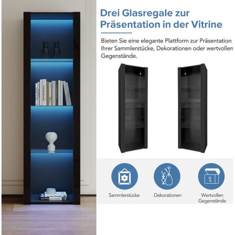 Vitrine noire haute brillance avec éclairage LED et 3 étagères en verre Vitrine d'exposition meuble sur pied (1/5)