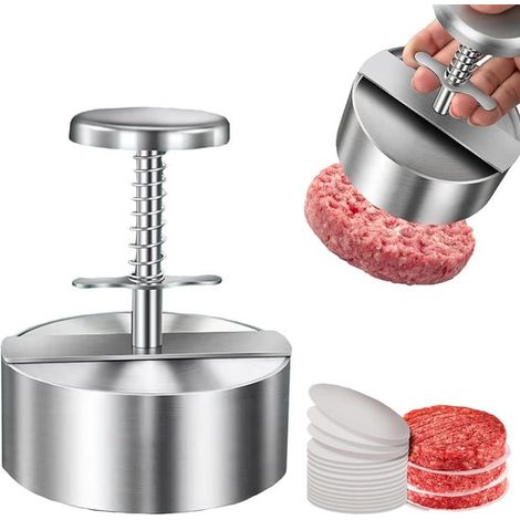 Pressa per hamburger in acciaio inox 304, stampo regolabile per hamburger + 100 fogli di carta da forno, stampi antiaderenti per hamburger di manzo (1/5)