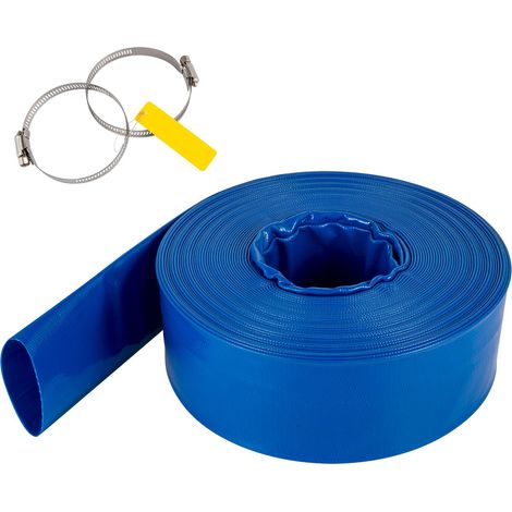 Tuyau de refoulement PVC 76 mm x 32 m, résistant et anti-éclatement, avec colliers inclus. Idéal pour piscine et transfert d'eau, usage extérieur. Bleu. (1/5)