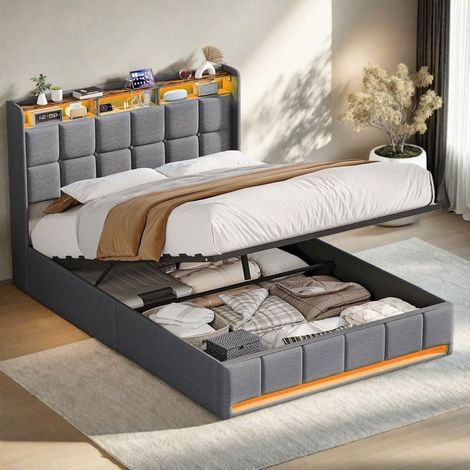 Bett mit Stauraum - Doppelbett 160x200 cm - Grauer Leinenstoff - Lattenrost inklusive - Kopfteil mit LED USB/Type-C