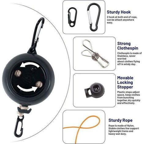 Corde à linge rétractable pour camping, corde à linge portable, 10 mètres, avec pinces à linge coupe-vent, 10 arrêts, noir (1/5)