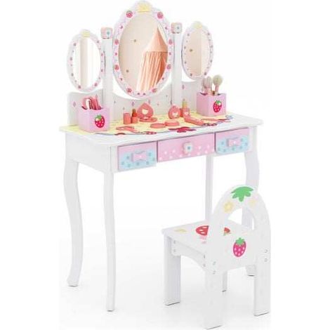 Pour se préparer ou dessiner, coiffeuse enfant blanche avec chaise, miroir 3 volets et tiroirs de rangement (1/5)