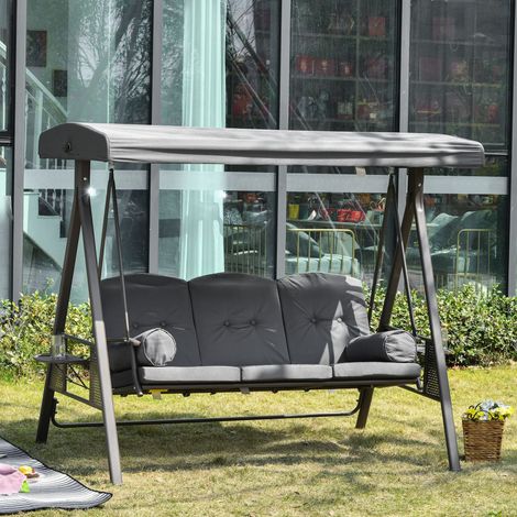 Balançoire jardin 3 Gris places toit réglable porte gobelet coussins 208x120x172 cm