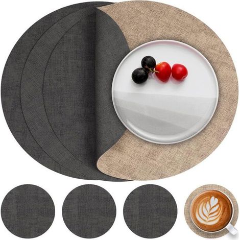 Ensemble de 4 sets de table en cuir ronds antidérapants double face, lavables et résistants à la chaleur, gris beige (1/4)
