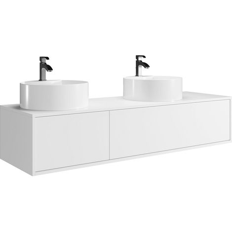 Meuble de salle de bain suspendu blanc avec double vasque à poser ronde - L150 cm - ISAURE II (1/5)
