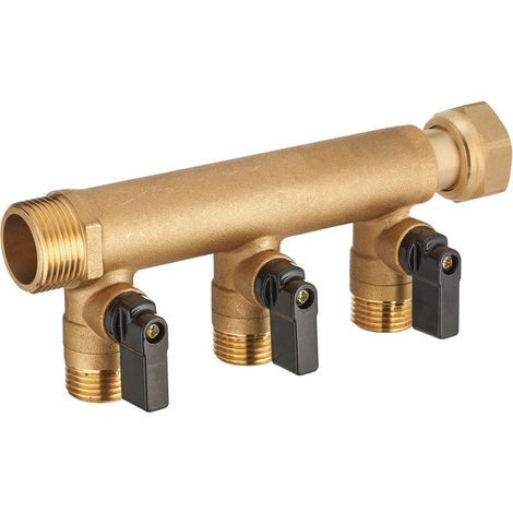 Collettore a dado libero M/F 20x27, 3 uscite + valvole M15x21 QUICK PLOMBERIE