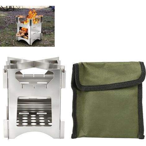 Mini réchaud à bois de camping portable, 10 x 10 cm, pliable, amovible, léger en acier inoxydable avec sac de transport, pour l'extérieur, les voyages, la randonnée et le pique-nique (1/5)