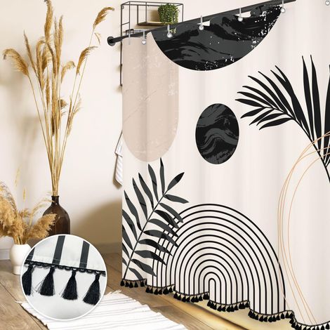 Ensemble de rideau de douche à motif feuille du milieu du siècle, motif arche et soleil, motif minimaliste de feuilles, tissu imperméable - 12 crochets (noir et blanc, 182,9 x (1/5)