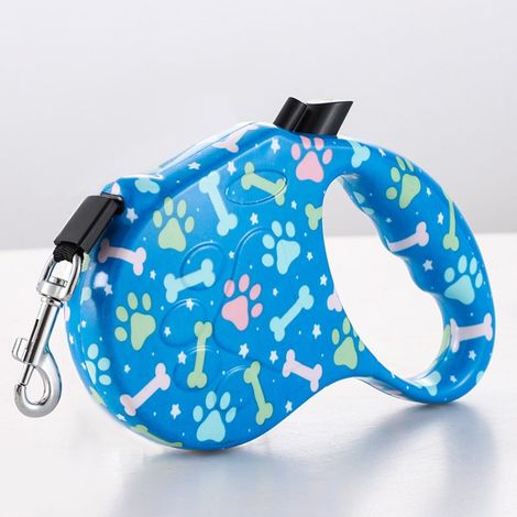 Laisse rétractable 5 m - Contrôle à une main pour les promenades en extérieur, poignée en ABS et nylon, motif tête de chien imprimé et rétraction automatique (bleu). (1/4)