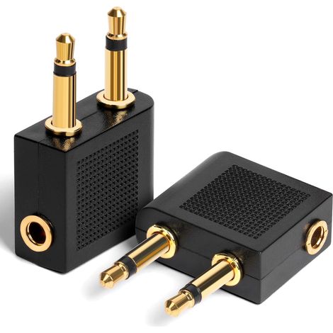 Adaptateurs pour Casque d’Avion Plaqué Or, 2PCS 3,5 mm Femelle AUX Audio Jack Or Plaqué Billets Avion Casque Adaptateurs, Double Jack Adaptateurs Airline Ecouteur Flight Headphone Adapter (1/5)
