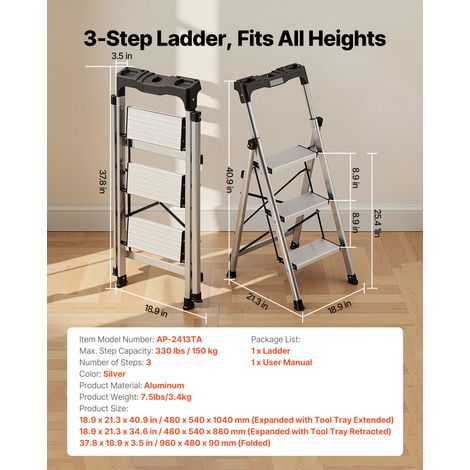 Escabeau Pliant 3 Marches Marchepied Pliable Charge 150 kg Échelle Domestique Alliage d'Aluminium pour Travaux Ménagers, Bricolage, avec Larges Marches Antidérapantes, Plateau à Outils, Argenté (1/5)