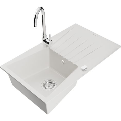 Mexen Cesare lavello in granito a 1 vasca con scolapiatti e rubinetto da cucina Telma, bianco - 6514-20-670200-00 (1/5)