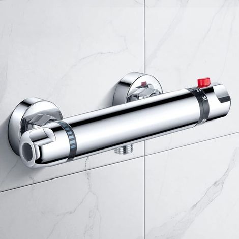 Miscelatore termostatico per doccia con pulsante di sicurezza, compatibile con temperature fino a 38°C, realizzato in ottone. (1/4)