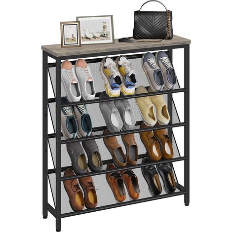 Étagère à Chaussures, Porte-Chaussures à 5 Niveaux, Convient 12-16 Paires, Organisateur d’Entrée Industriel avec Plateau, pour entrée, vestiaire, Couloir, Grège et Noir DTXJ02BG (1/5)