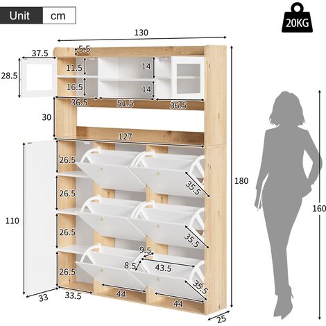 Scarpiera con ante in vetro e illuminazione a LED – Scarpiera stretta con 6 scomparti basculanti e 1 anta, salvaspazio per corridoio e ingresso, 130x25x180 cm (1/5)