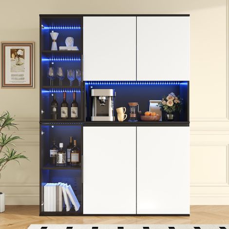 Vetrina da soggiorno, 120x40x160 cm, credenza alta moderna con illuminazione LED e ante in vetro, mobile contenitore in MDF, nero e bianco (1/5)