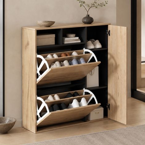 Zapatero 90x24x94 cm acabado madera y negro, 2 puertas abatibles - CHICFURN (1/5)