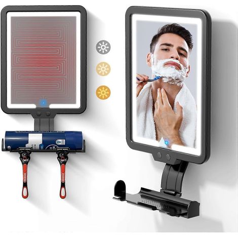 Miroir de rasage chauffant antibuée avec éclairage, rechargeable, support de rasoir à ventouse amovible, installation sans perçage, miroir de salle de bain noir. (1/5)
