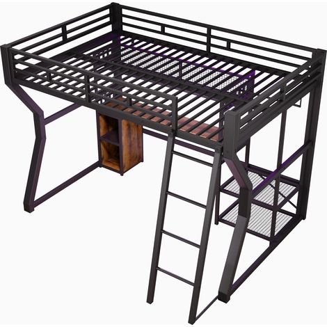 Hochbett 140 x 200 cm aus Metall und MDF mit Schreibtisch, Regalen, LED und Steckdose, schwarz (1/5)