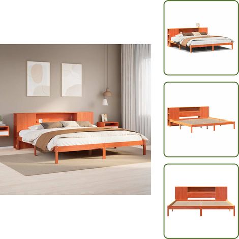 Massivholzbett mit Regal ohne Matratze Wachsbraun 200x200 cm - Bett Mit Regal - Bett Mit Bücherregal - Holzbett Mit Regal - Holzbett Mit Bücherregal (1/5)