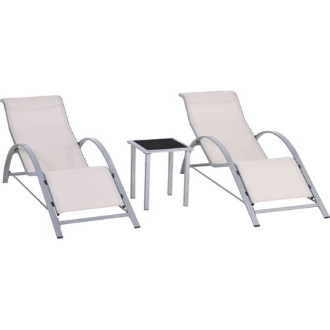 Set di 2 Lettini Prendisole 59x169x66 cm e Tavolino con Piano in Vetro Crema (1/5)