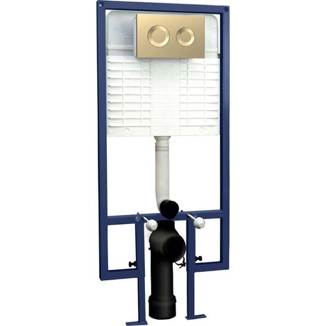 Hudson Reed Wall Hung Toilet Frame 1136mm-1336mm H with Dual Flush Concealed Cistern Round Plate - Brushed Brass (1/2)
