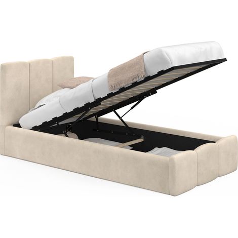 Lit coffre simple NUAGE avec tête de lit matelassée et sommier 90 x 190 cm velours beige (1/5)