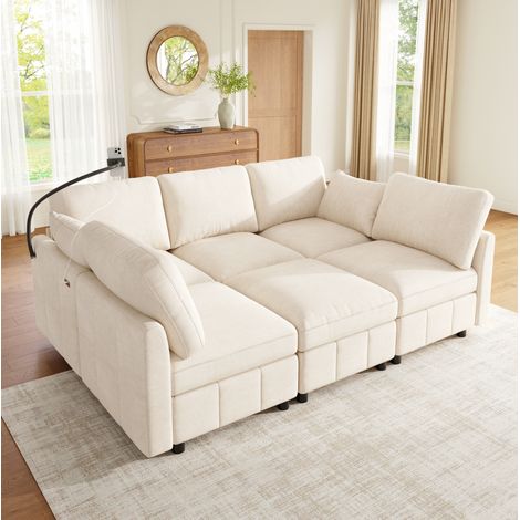Canapé d’angle modulable convertible 6 places en L ou U avec pouf et port USB-C, beige OKMYHOME (1/5)