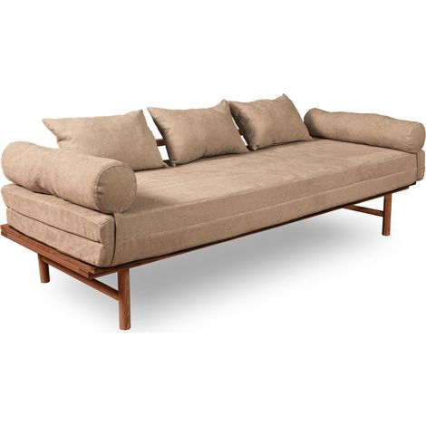 Canapé Lit Convertible Design en Tissu Beige et Bois - 140 x 200 cm - Bois clair et Beige (1/5)
